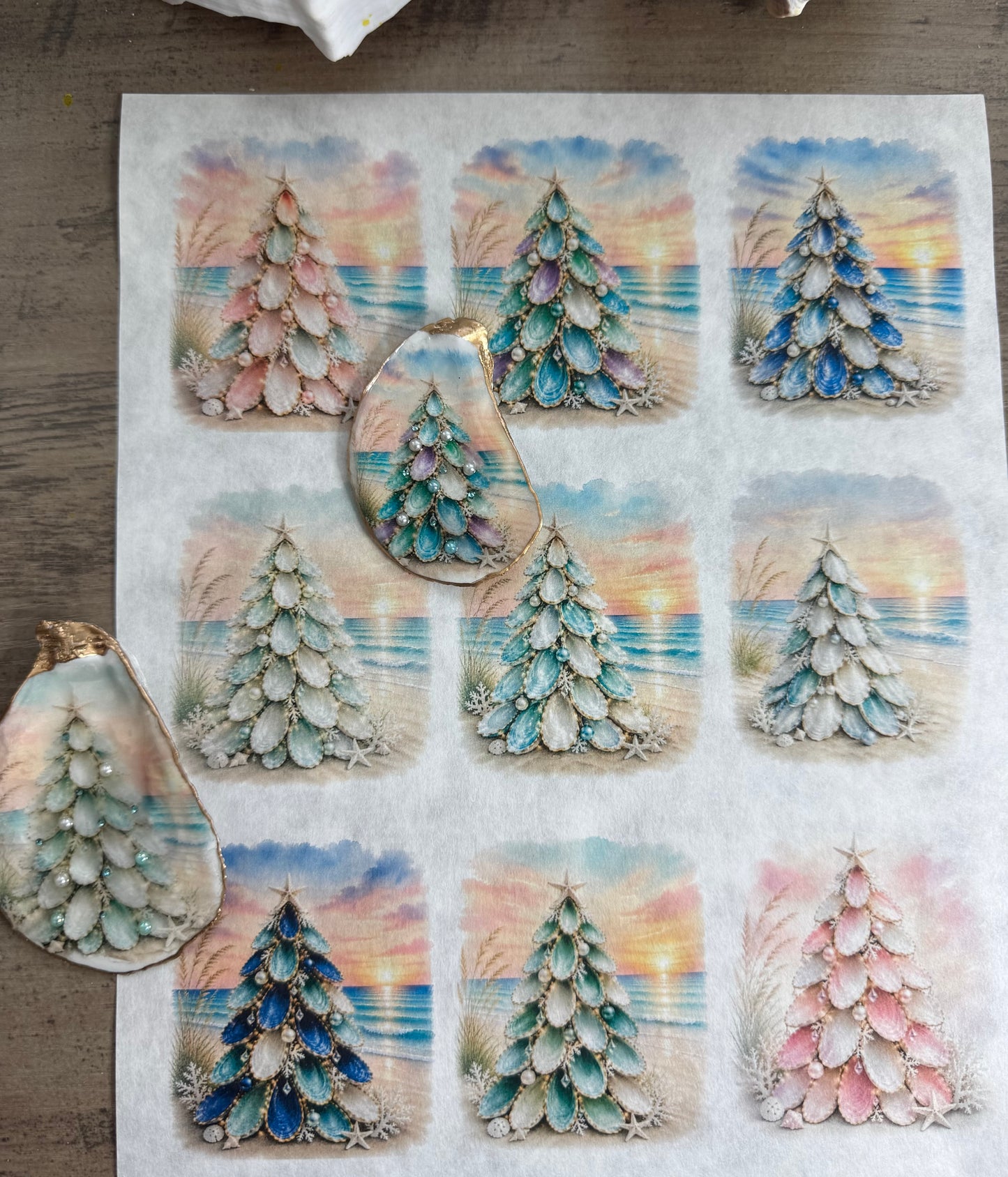 Oyster Shell Christmas Trees Decoupage Paper