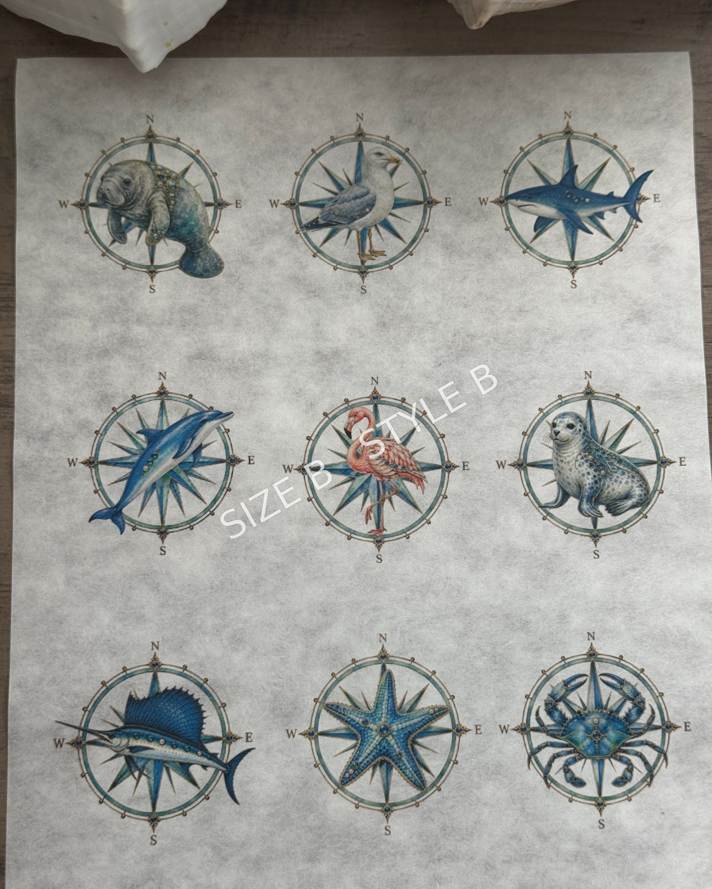 Jeweled Nautical Compass Rice Paper
