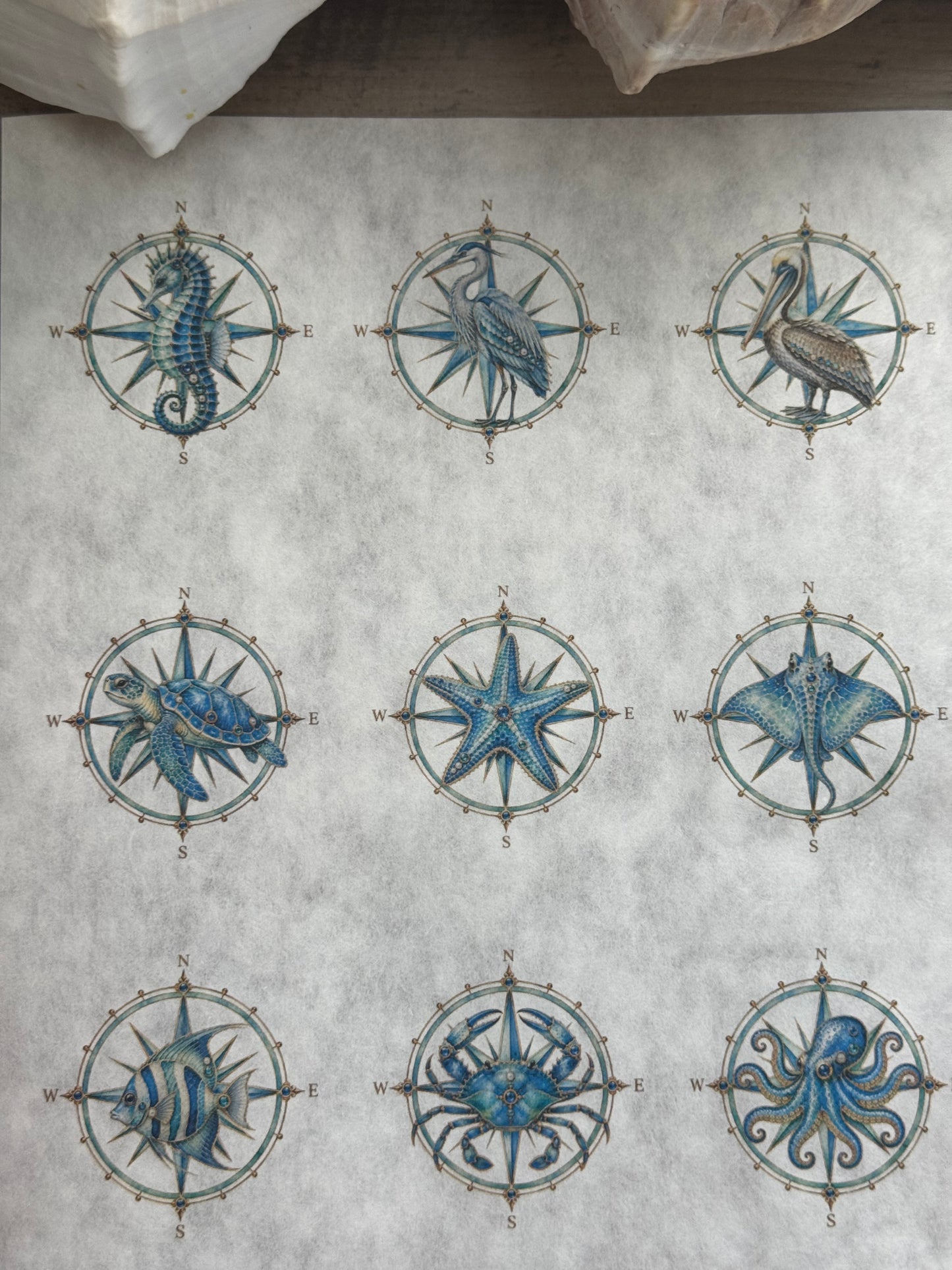 Jeweled Nautical Compass Rice Paper
